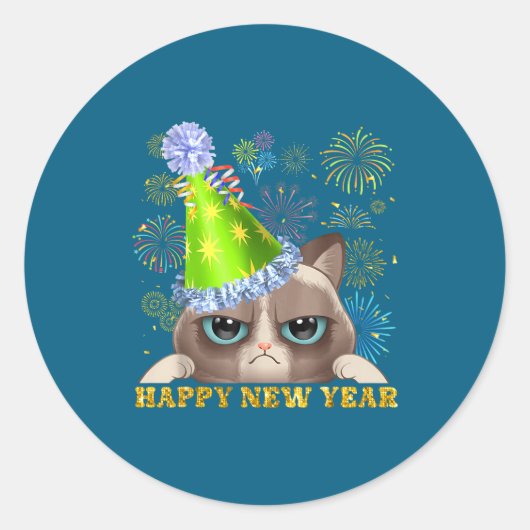 Happy New Year 2026 Funny Cat New Year's Eve Hat G ラウンドシール (正面)