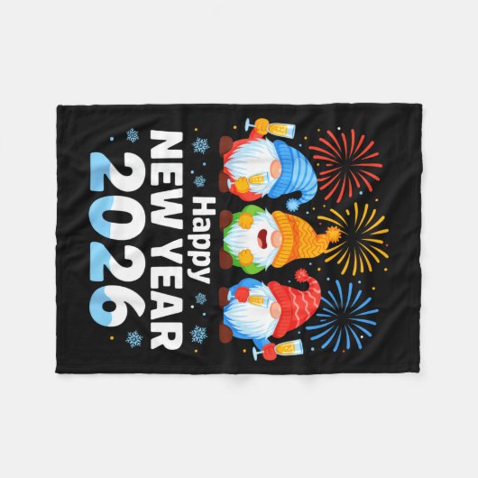 Happy New Year 2026 Gnome With Fireworks And Champ フリースブランケット (正面(横))