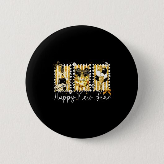 Happy New Year 2026 Gold Coquette Bow Disco Ball C 缶バッジ (正面)