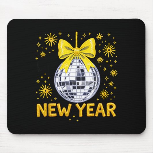 Happy New Year 2026 Golden Disco Ball Bow New Year マウスパッド (正面)