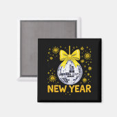 Happy New Year 2026 Golden Disco Ball Bow New Year マグネット (正面/裏面)