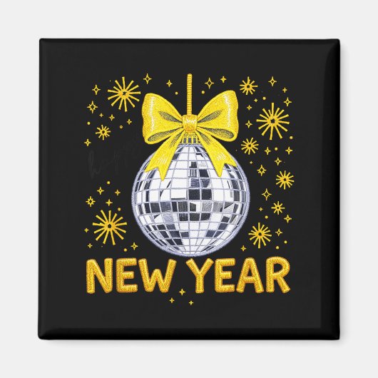 Happy New Year 2026 Golden Disco Ball Bow New Year マグネット (正面)