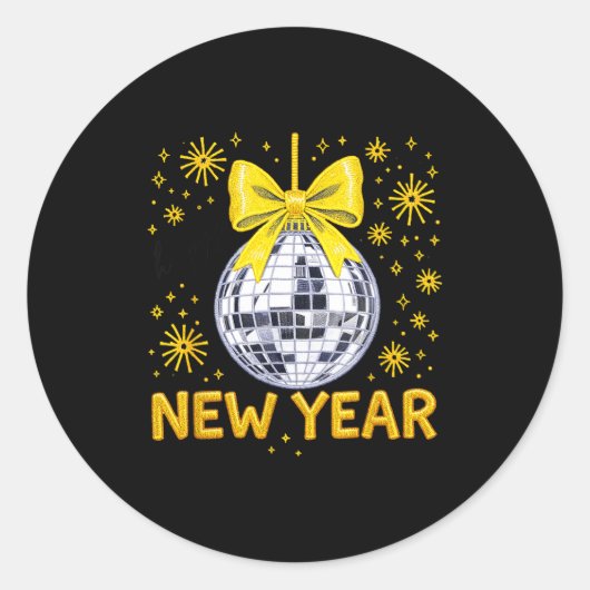 Happy New Year 2026 Golden Disco Ball Bow New Year ラウンドシール (正面)