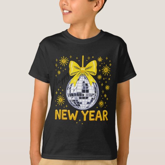 Happy New Year 2026 Golden Disco Ball Bow New Year Tシャツ (正面)