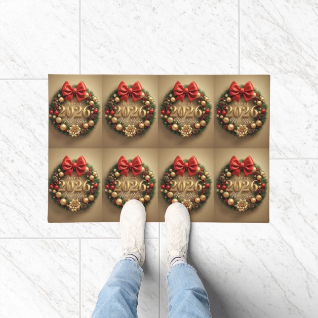 happy new year 2026 golden wreath door mat ドアマット (室内)