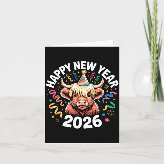 Happy New Year 2026 Highland Cow & Party Hat N カード (正面)