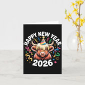 Happy New Year 2026 Highland Cow & Party Hat N カード (黄色い花)