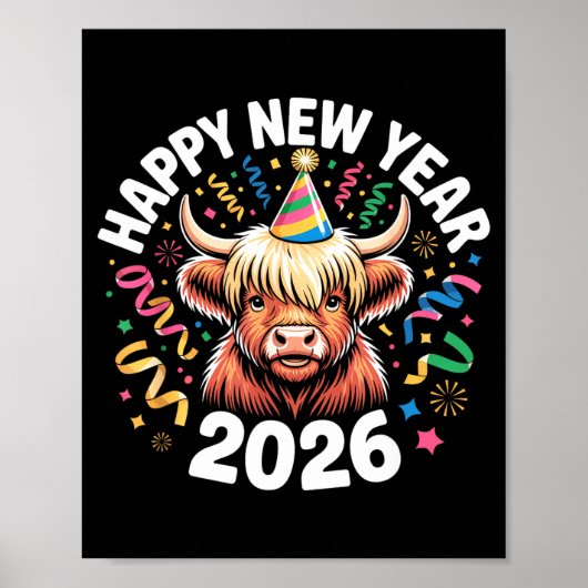 Happy New Year 2026 Highland Cow & Party Hat N ポスター (正面)