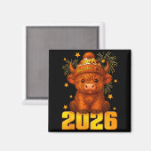 Happy New Year 2026 Highland Cow & Party Hat N マグネット (正面/裏面)