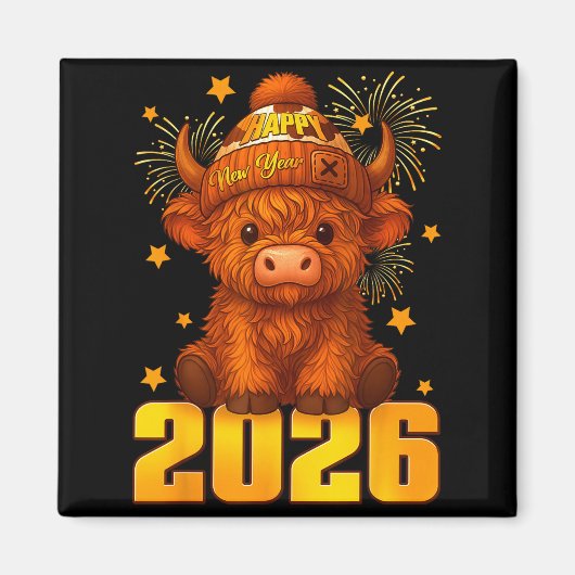 Happy New Year 2026 Highland Cow & Party Hat N マグネット (正面)