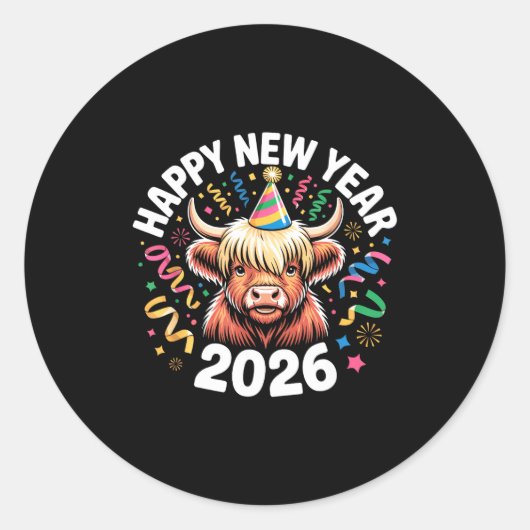 Happy New Year 2026 Highland Cow &amp; Party Hat N ラウンドシール (正面)