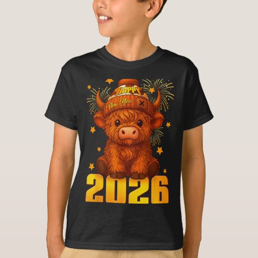 Happy New Year 2026 Highland Cow & Party Hat N Tシャツ (正面)