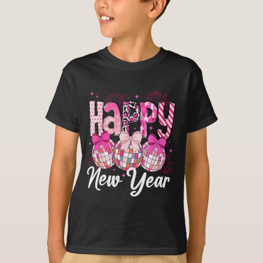 Happy New Year 2026 Nk Coquette Bow Disco Ball Fir Tシャツ (正面)