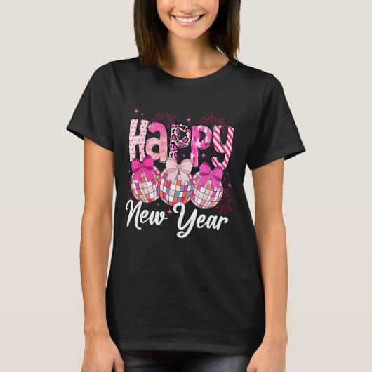 Happy New Year 2026 Nk Coquette Bow Disco Ball Fir Tシャツ (正面)