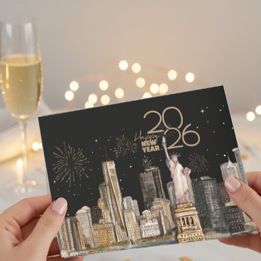 Happy New Year 2026! NYC Skyline | Gold Fireworks シーズンカード