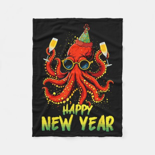 Happy New Year 2026 Octopus Drinking Champagne New フリースブランケット (正面)