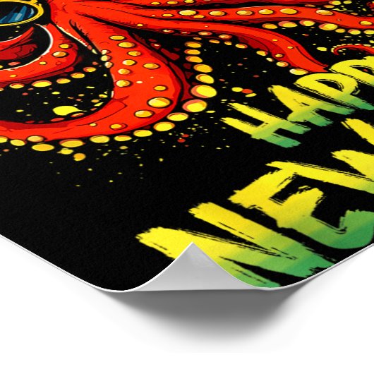 Happy New Year 2026 Octopus Drinking Champagne New ポスター (角)