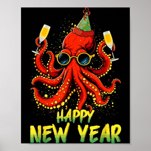 Happy New Year 2026 Octopus Drinking Champagne New ポスター (正面)