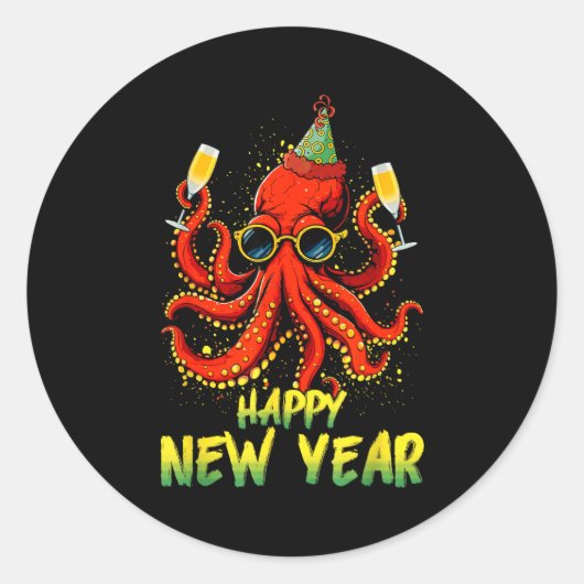 Happy New Year 2026 Octopus Drinking Champagne New ラウンドシール (正面)
