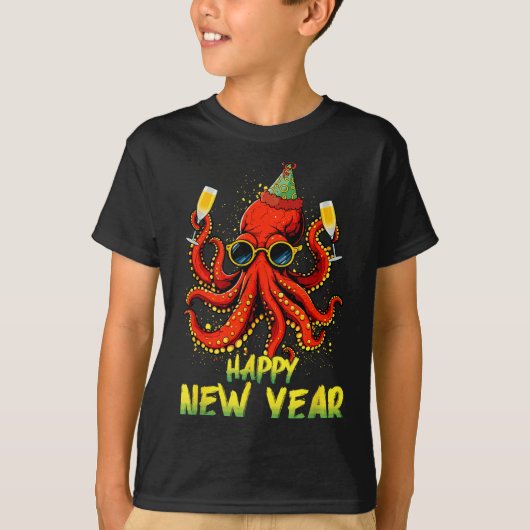 Happy New Year 2026 Octopus Drinking Champagne New Tシャツ (正面)