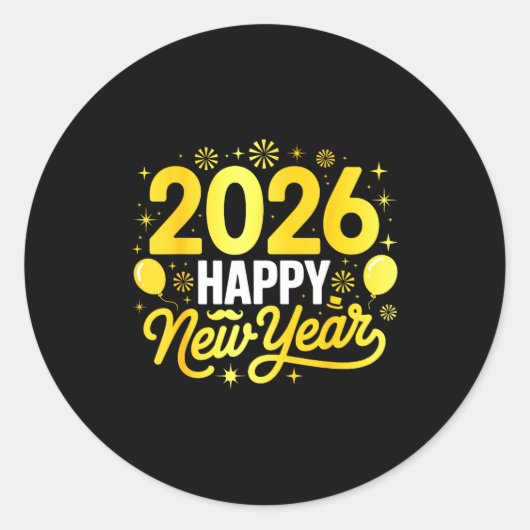 Happy New Year 2026 Party Balloons Fireworks Famil ラウンドシール (正面)