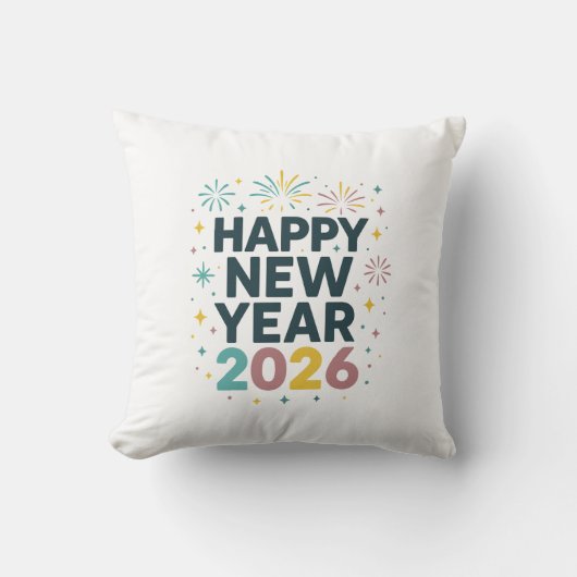 Happy New Year 2026 Pillow – Festive Fireworks Des クッション (正面)