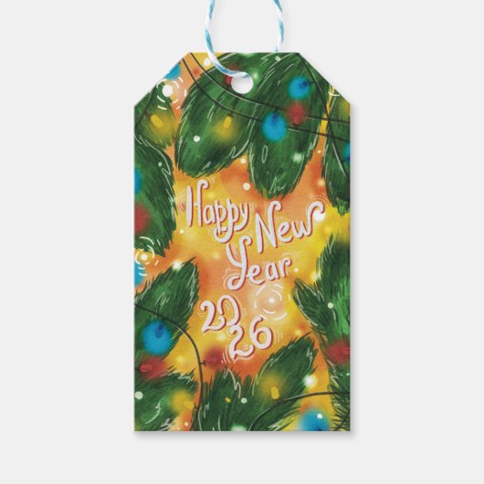 Happy New Year 2026 Pine Branches & Lights ギフトタグ (正面)