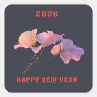Happy New Year 2026 Pink Lotus Flower Illustration スクエアシール