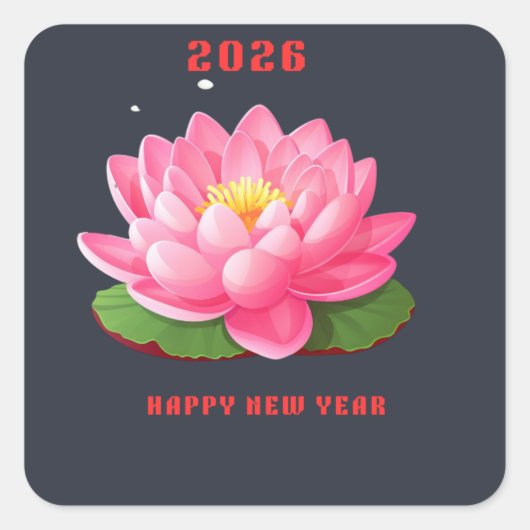 Happy New Year 2026 Pink Lotus Flower Illustration スクエアシール (正面)