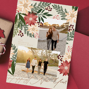 Happy New Year 2026 Poinsettia写真数々の 箔シーズンカード