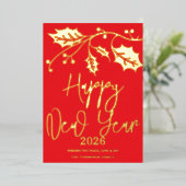 Happy New Year 2026, red ribbon 箔シーズンカード (立ち正面)