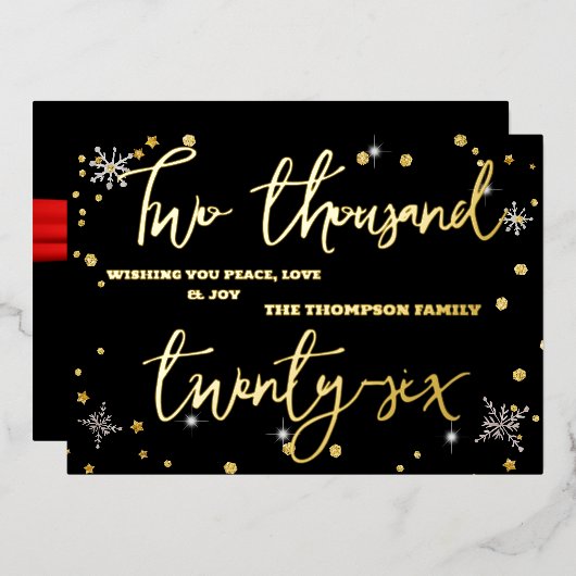 Happy New Year 2026 Retro Red Ribbon 箔シーズンカード (正面/裏面)