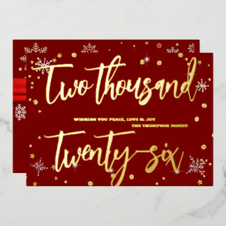 Happy New Year 2026 Retro Red Ribbon 箔シーズンカード