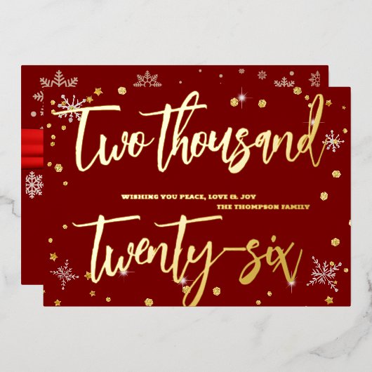 Happy New Year 2026 Retro Red Ribbon 箔シーズンカード (正面/裏面)