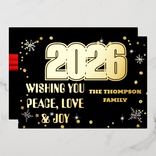 Happy New Year 2026 Retro Red Ribbon 箔シーズンカード (正面/裏面)