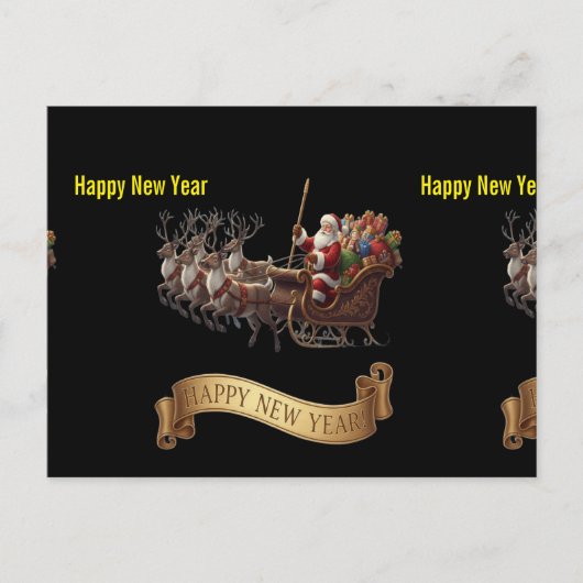 Happy New Year 2026 – Santa Sleigh on Black シーズンポストカード (正面)