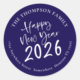 Happy New Year 2026 Script Return Address Navy ラウンドシール