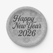 Happy New Year 2026 Silvery Glitter & Black ペーパープレート (正面)