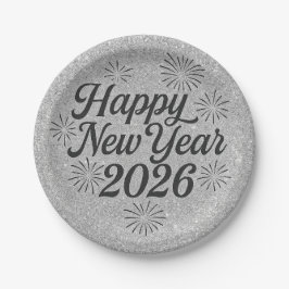 Happy New Year 2026 Silvery Glitter & Black ペーパープレート