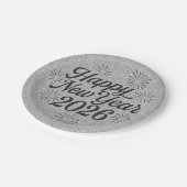 Happy New Year 2026 Silvery Glitter & Black ペーパープレート (アングル)