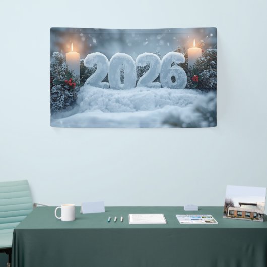happy new year 2026 snowy candle banner 横断幕 (トレードショー)