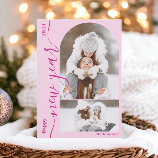 Happy New Year 3フォトアーチスクリプトモダンホットピンク シーズンカード