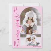 Happy New Year 3フォトアーチスクリプトモダンホットピンク シーズンカード (正面)