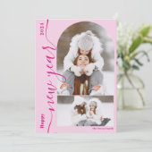 Happy New Year 3フォトアーチスクリプトモダンホットピンク シーズンカード (スタンド正面)