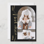 Happy New Year 3フォトアーチスクリプモダント金ゴールド シーズンカード (正面)