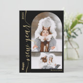 Happy New Year 3フォトアーチスクリプモダント金ゴールド シーズンカード (スタンド正面)