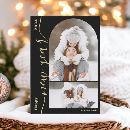 Happy New Year 3フォトアーチスクリプモダント金ゴールド シーズンカード