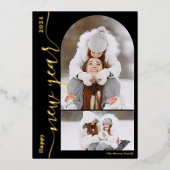 Happy New Year 3フォトアーチスクリプモダント金ゴールド 箔シーズンカード (正面)