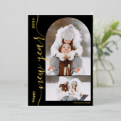 Happy New Year 3フォトアーチスクリプモダント金ゴールド 箔シーズンカード (立ち正面)