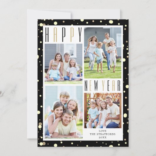 HAPPY NEW YEAR 4 Photo Collageブラック金ゴールド紙吹雪 シーズンカード (正面)
